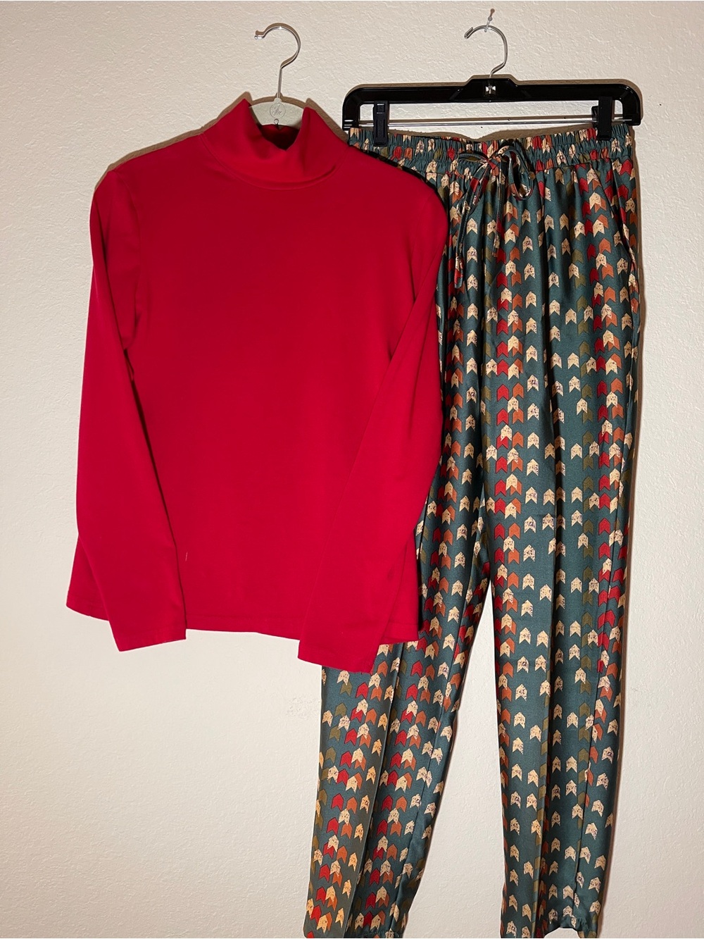 Women's Red Turtleneck Top with Patterned Green Jogger Pants